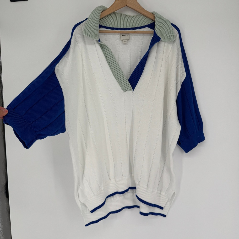 Maeve Anthropologie Knit Polo Rugby Sweater L Oversized Cotton Colorblock Preppy - Picture 2 of 14